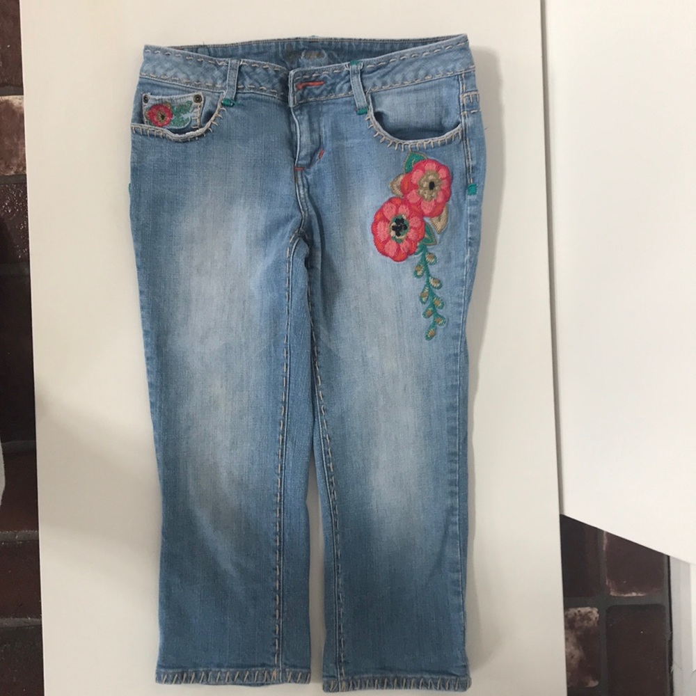 Cropped Embroidered Distressed Jeans
